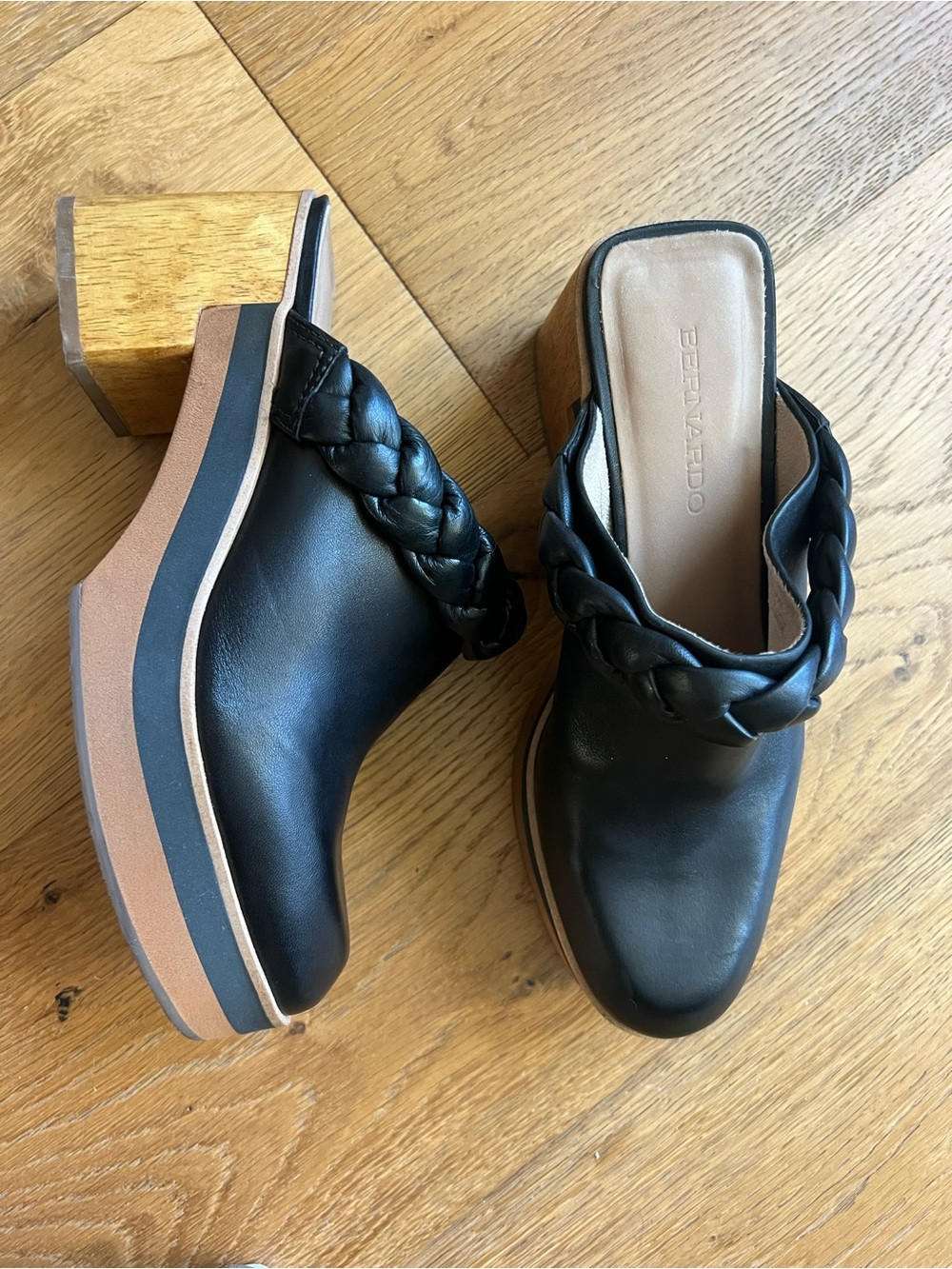 Bernardo Black Braided Leather Platform Clogs